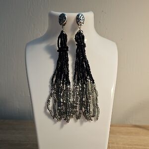 Elegant Black and Silver Beaded Tassel Earrings